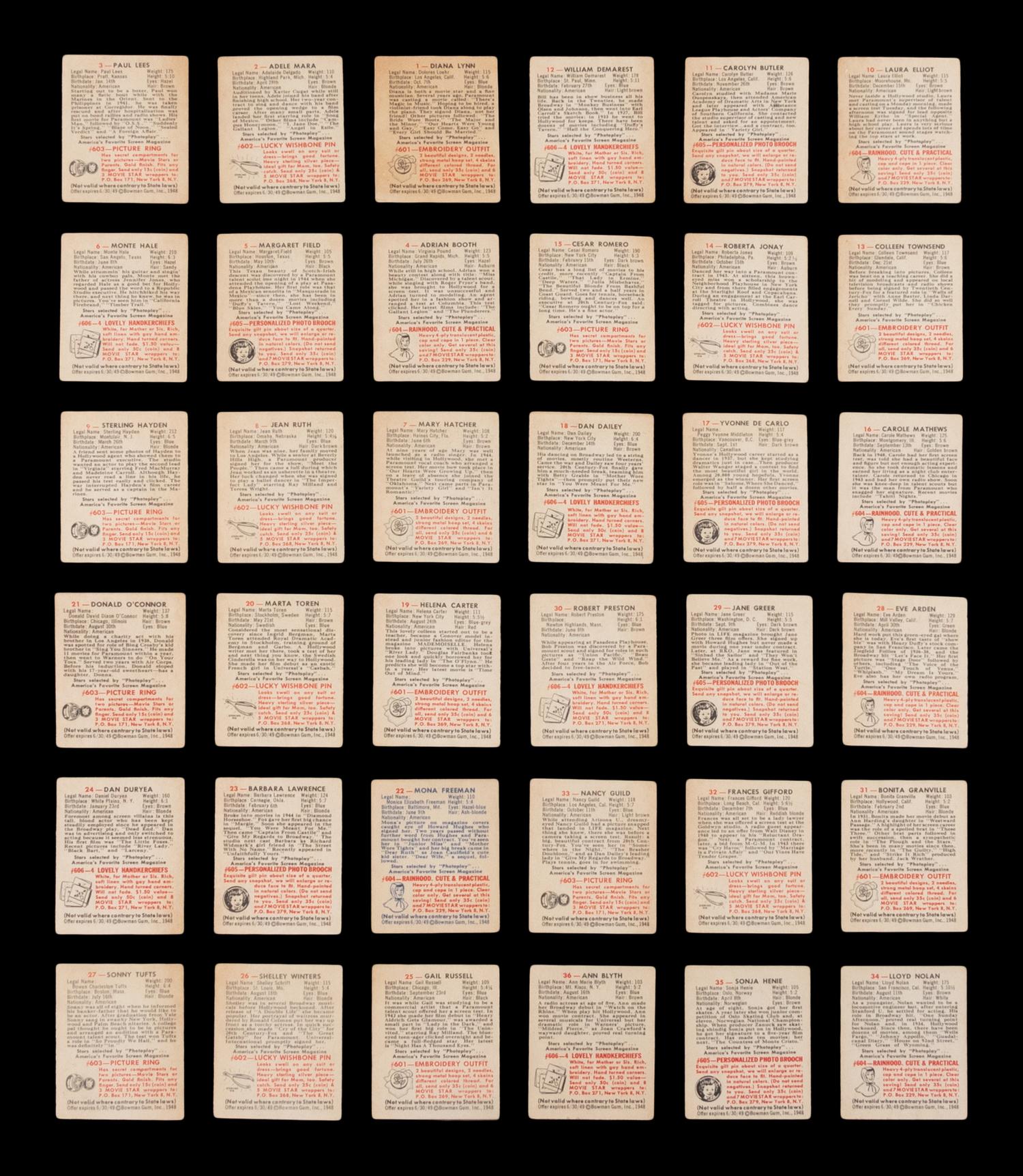 A Complete Set of 1948 Bowman Movie Stars Trading Cards (36/36)