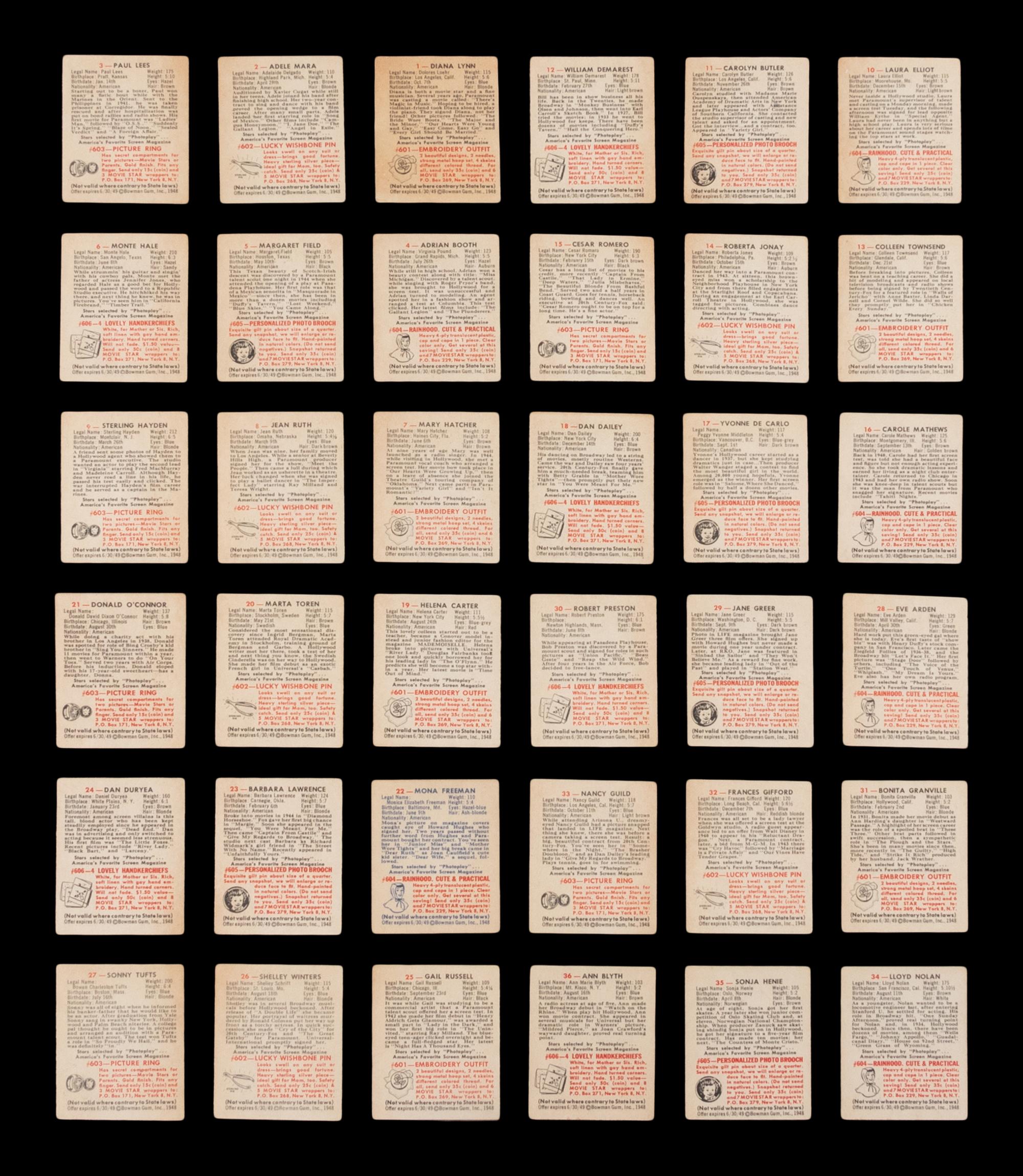A Complete Set of 1948 Bowman Movie Stars Trading Cards (36/36)