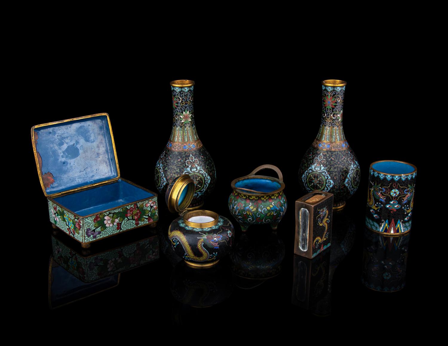 Seven Chinese and Japanese Cloisonne Articles