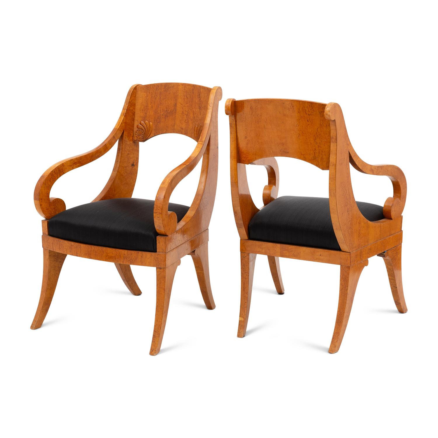 A Pair of Russian Biedermeier Karelian Birch Armchairs