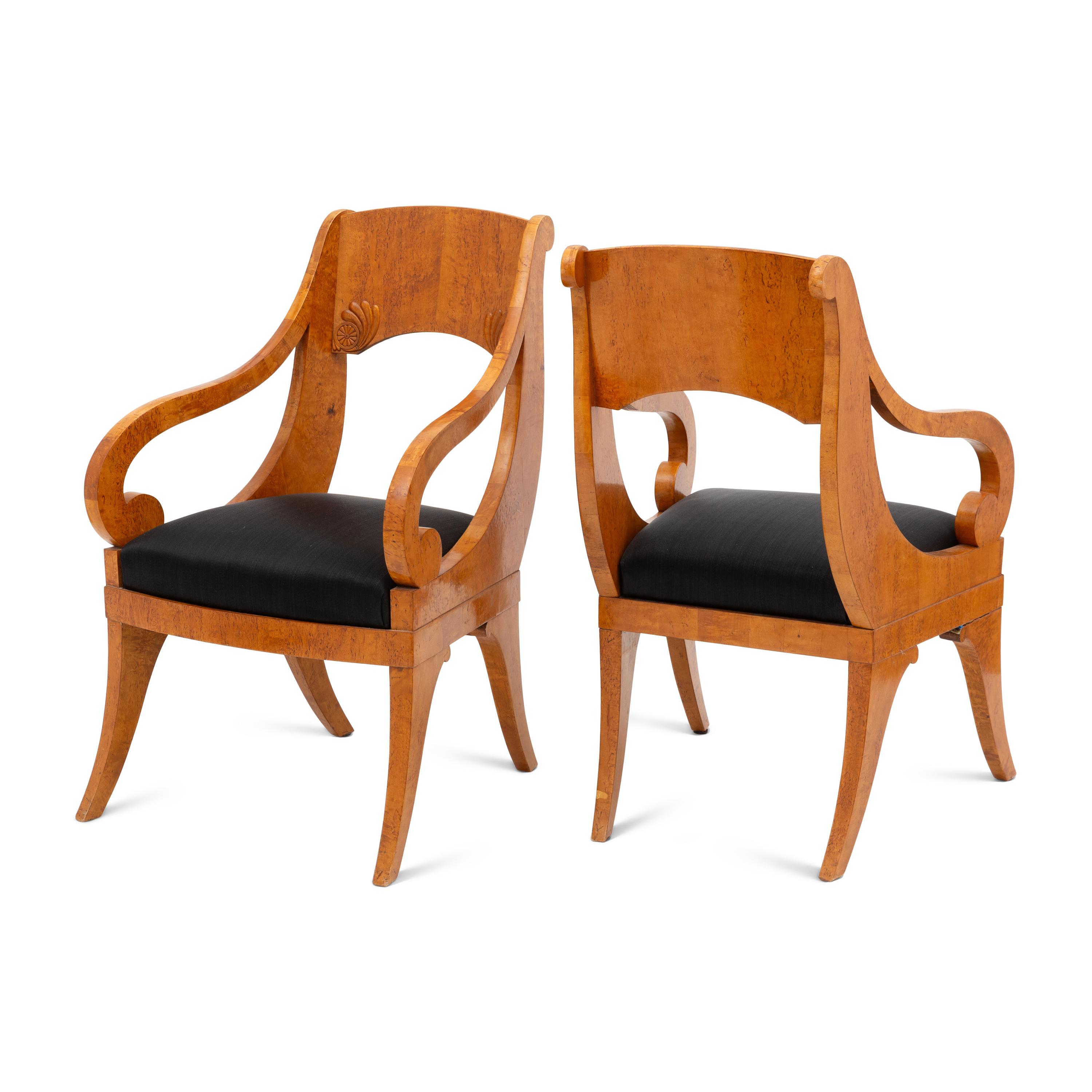 A Pair of Russian Biedermeier Karelian Birch Armchairs
