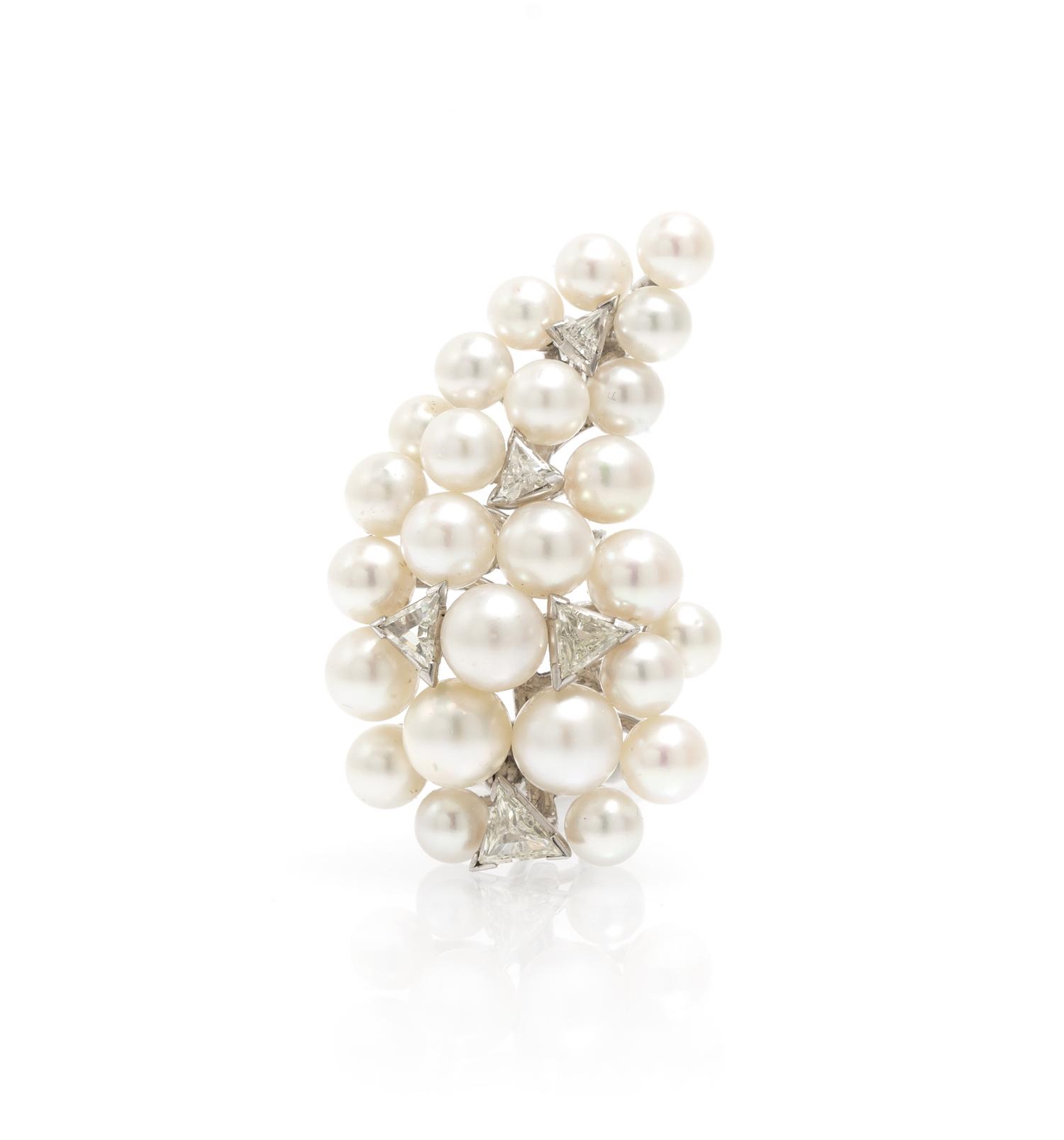 A White Gold, Cultured Pearl and Diamond Cluster Brooch, 11.40 dwts.