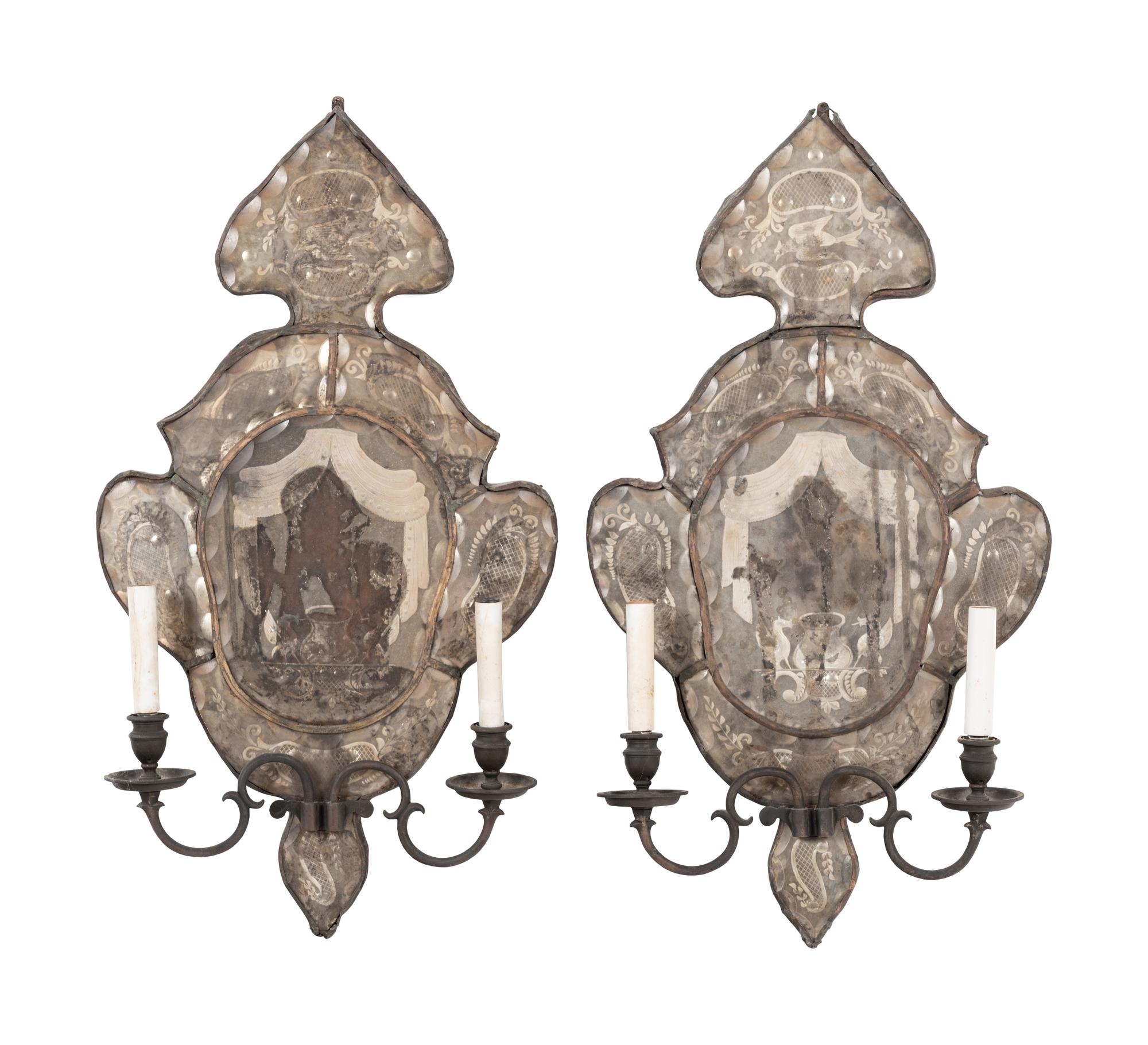 A Pair of Italian Mirrored Two-Light Sconces