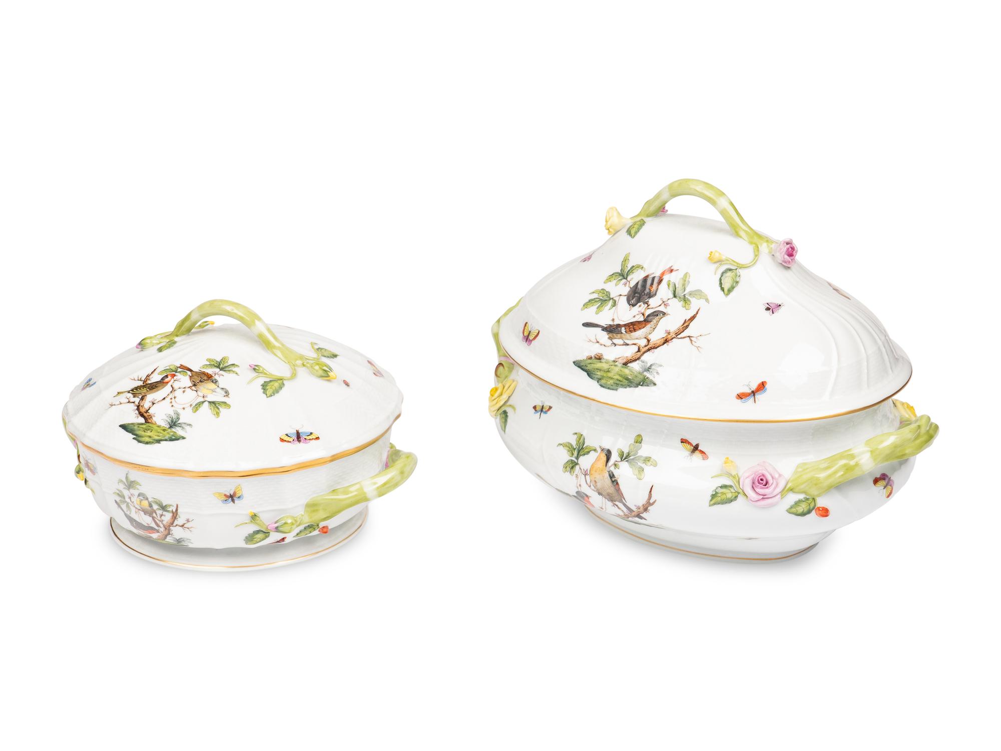 A Herend Rothschild Bird Porcelain Tureen and Covered Vegetable Dish