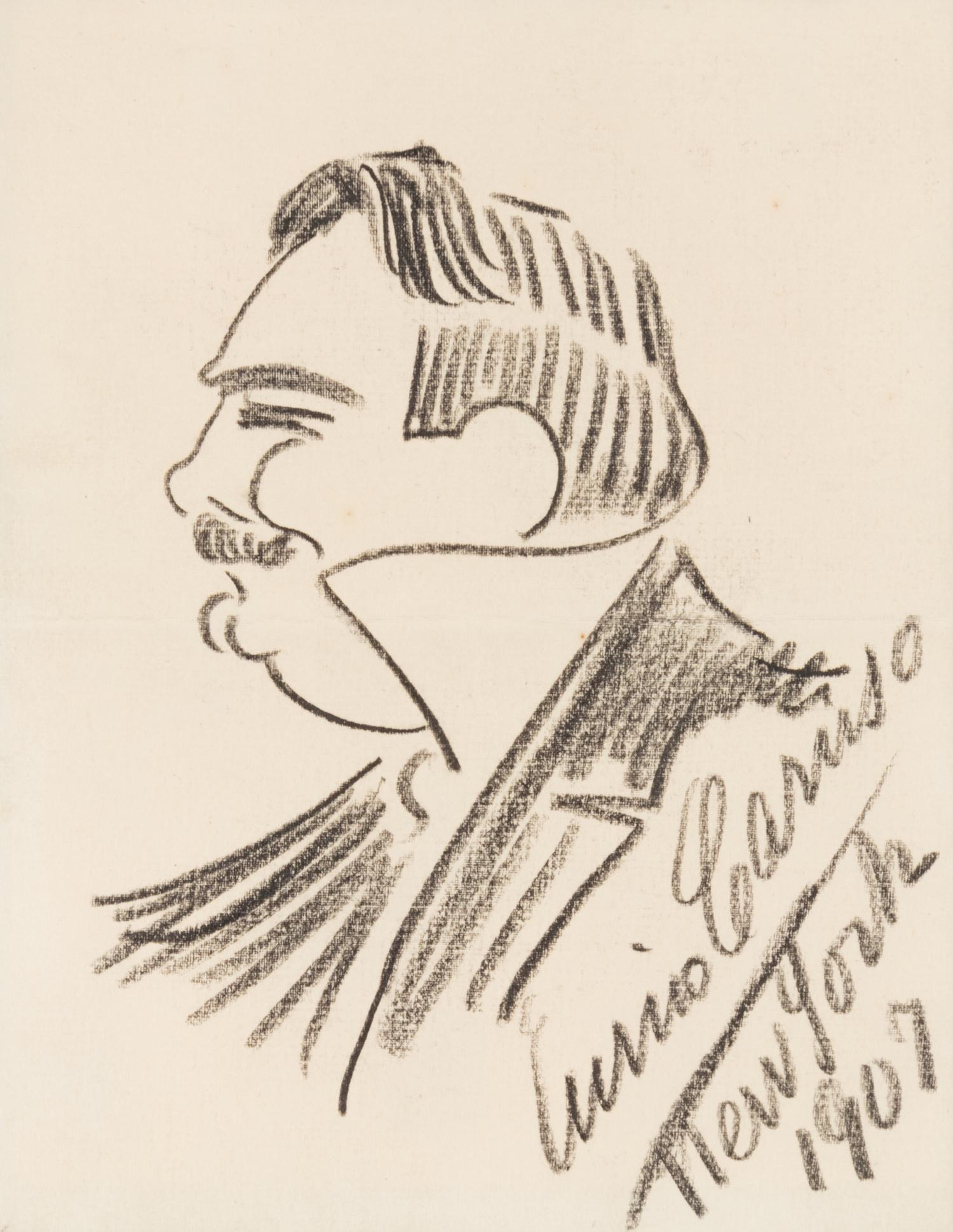 CARUSO, Enrico (1873-1921). Original drawing, profile self portrait caricature, in charcoal, signed and dated lower right ("Enrico Caruso New York 1907").
