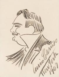 CARUSO, Enrico (1873-1921). Original drawing, profile self portrait caricature, in charcoal, signed and dated lower right ("Enrico Caruso New York 1907").