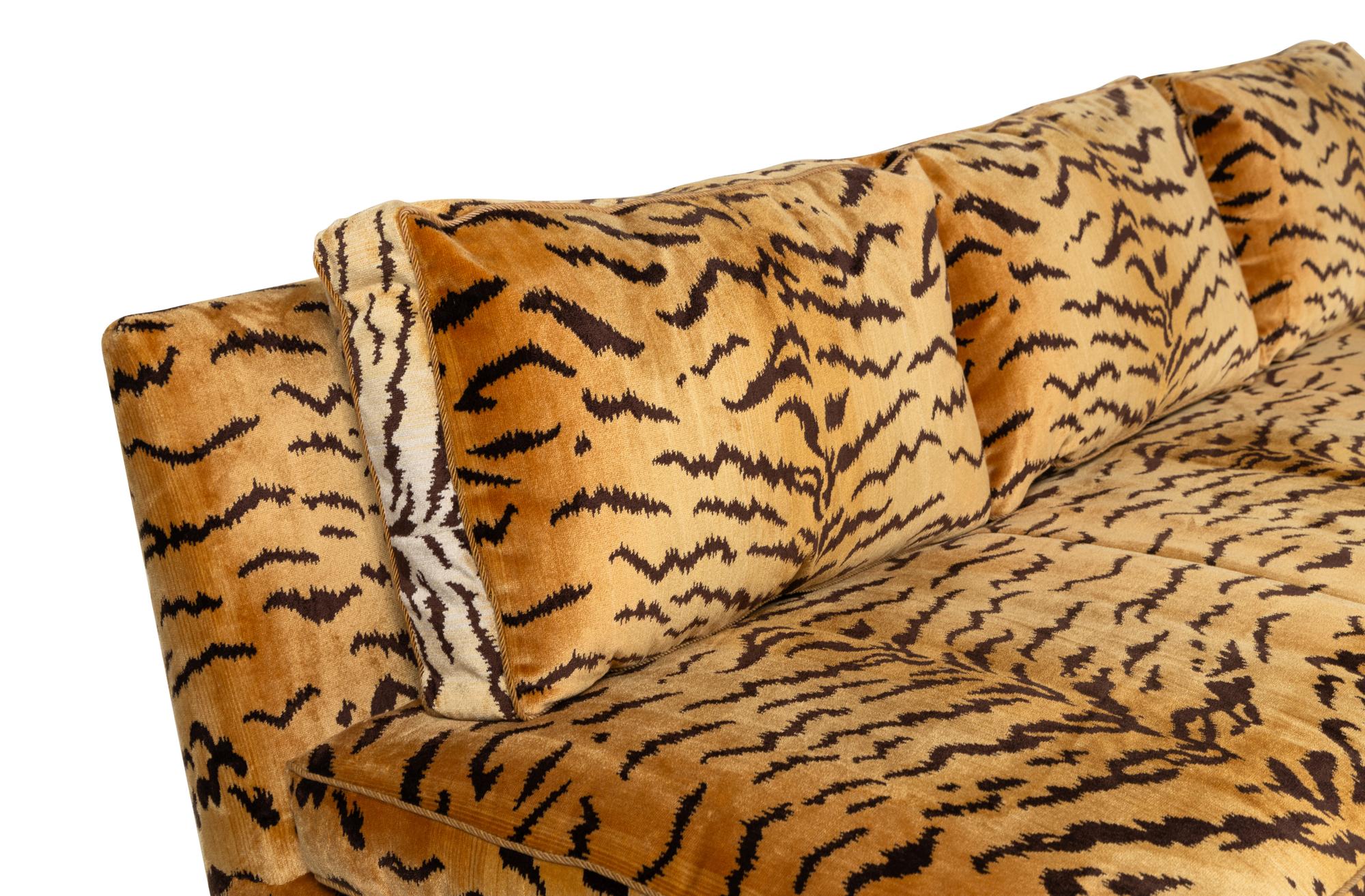 Two Tiger Velvet-Upholstered Banquette Sofas