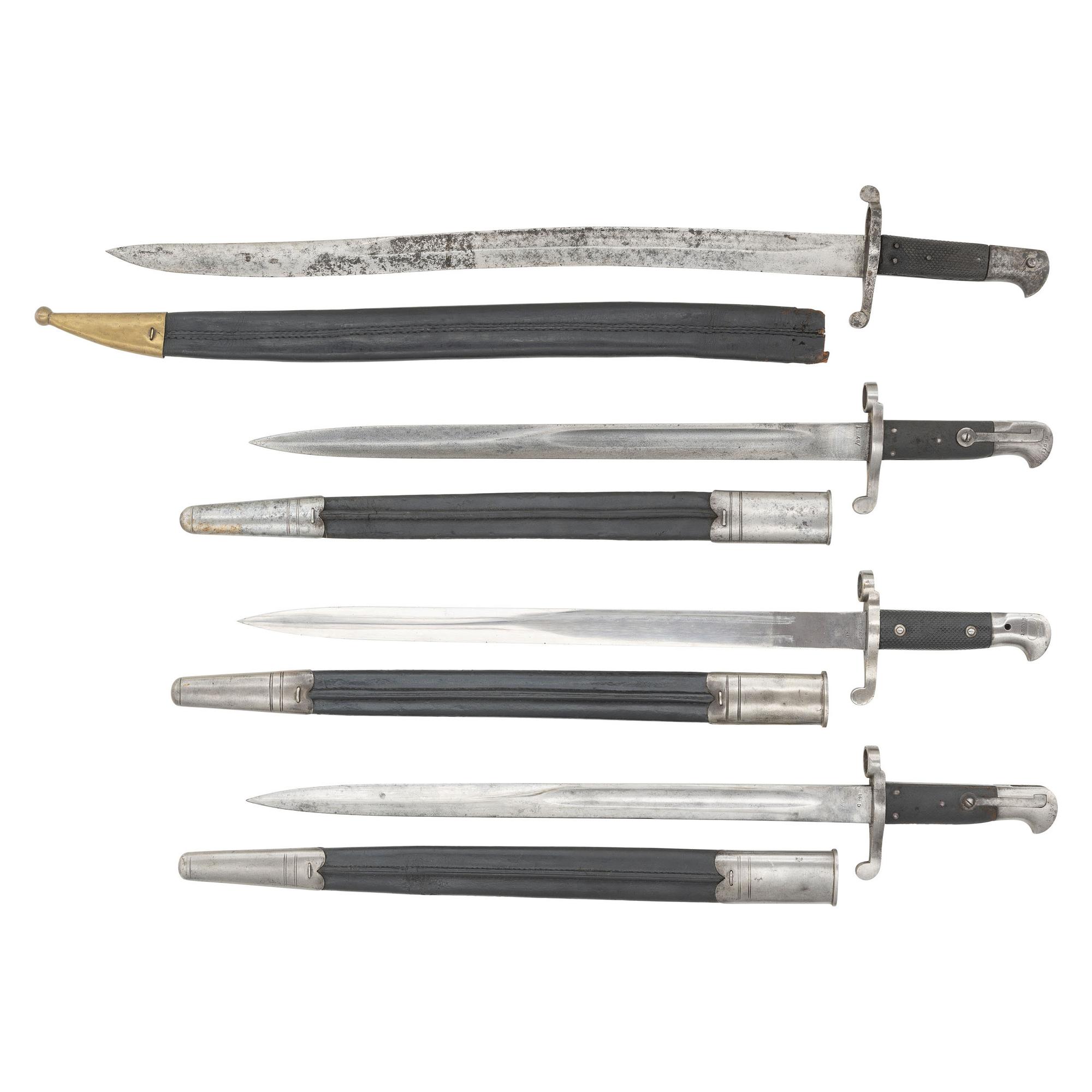 Lot of Four British Saber Bayonets & Scabbard Including: Pattern 1887 and Pattern 1856