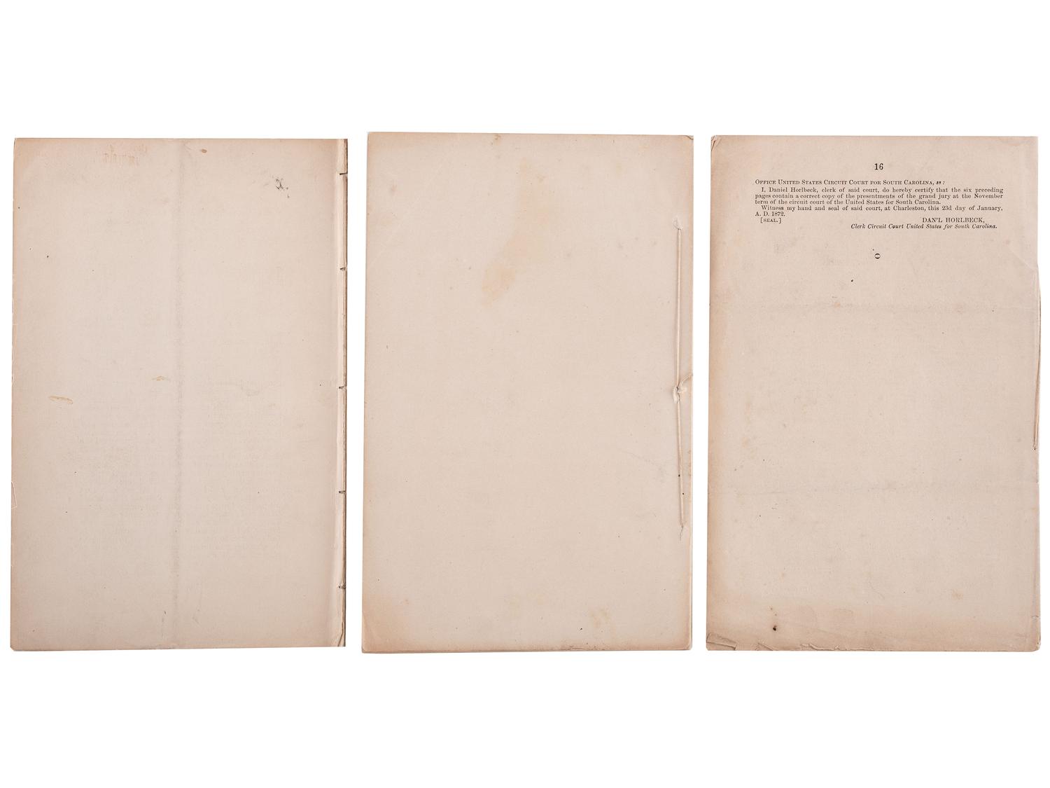 [RECONSTRUCTION]. A group of civil rights and anti-KKK pamphlets South Carolina Governor Daniel Henry Chamberlain and Major Lewis Merrill, comprising: