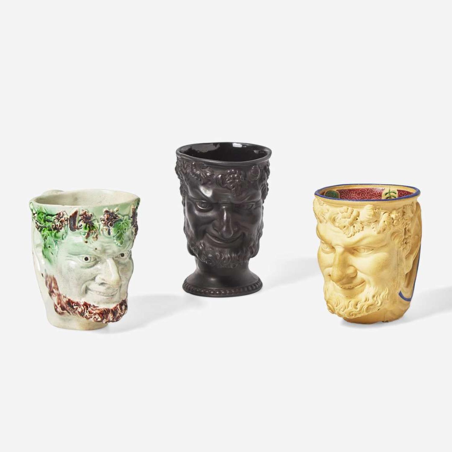 Three Turner Pottery stoneware and glazed earthenware satyr head mugs England, circa 1800