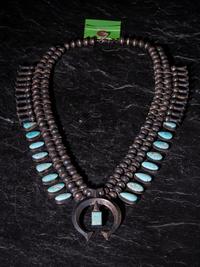 Navajo Silver and #8 Turquoise Squash Blossom Necklace, with Pawn Tag