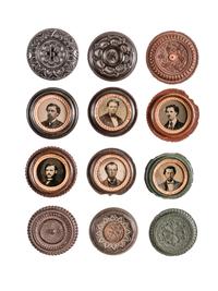 [EARLY PHOTOGRAPHY - UNION CASES]. A group of 13 assorted "oreo" cases containing tintype portraits of men with facial hair.