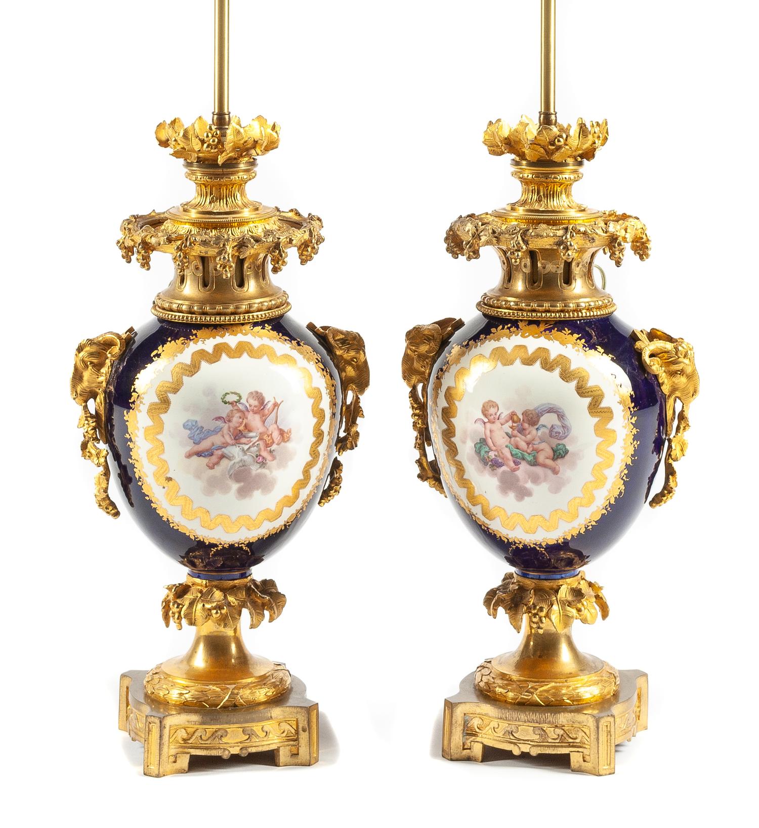 A Pair of Gilt Bronze Mounted Sevres Style Porcelain Vases Height overall 29 1/4 inches. — 19TH CENTURY