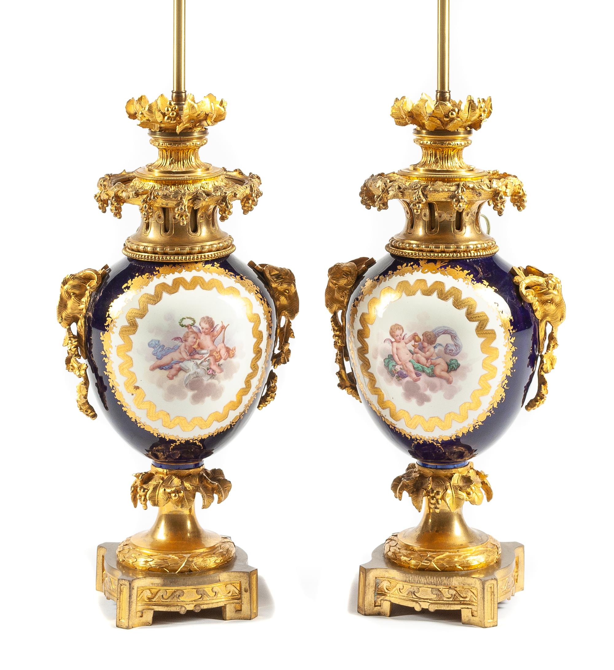 A Pair of Gilt Bronze Mounted Sevres Style Porcelain Vases Height overall 29 1/4 inches. — 19TH CENTURY