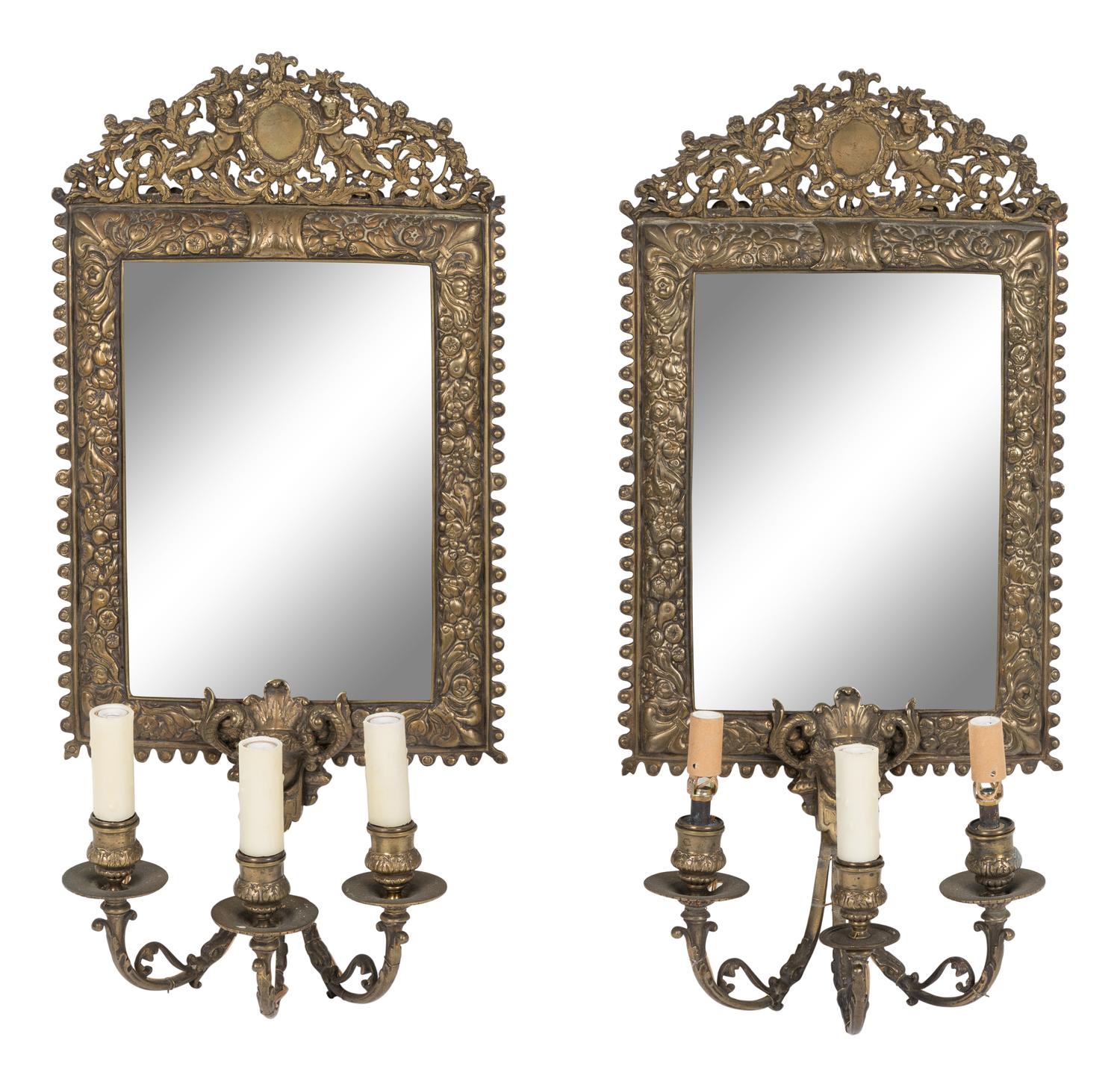 A Pair of Neoclassical Bronze Three-Light Girandole Mirrors