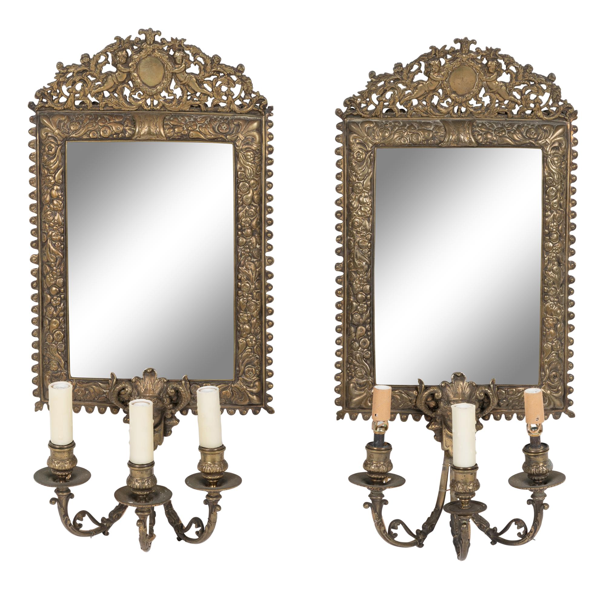 A Pair of Neoclassical Bronze Three-Light Girandole Mirrors