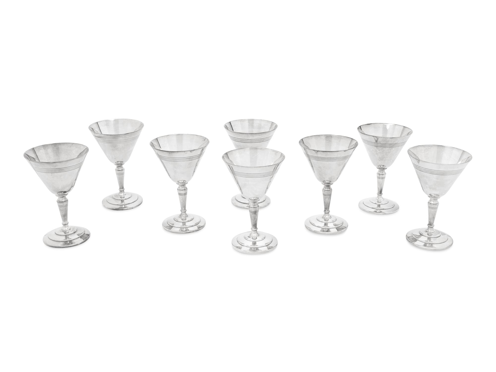 A Set of Eight Mappin and Webb Silver-Plate Art Deco Cocktail Glasses