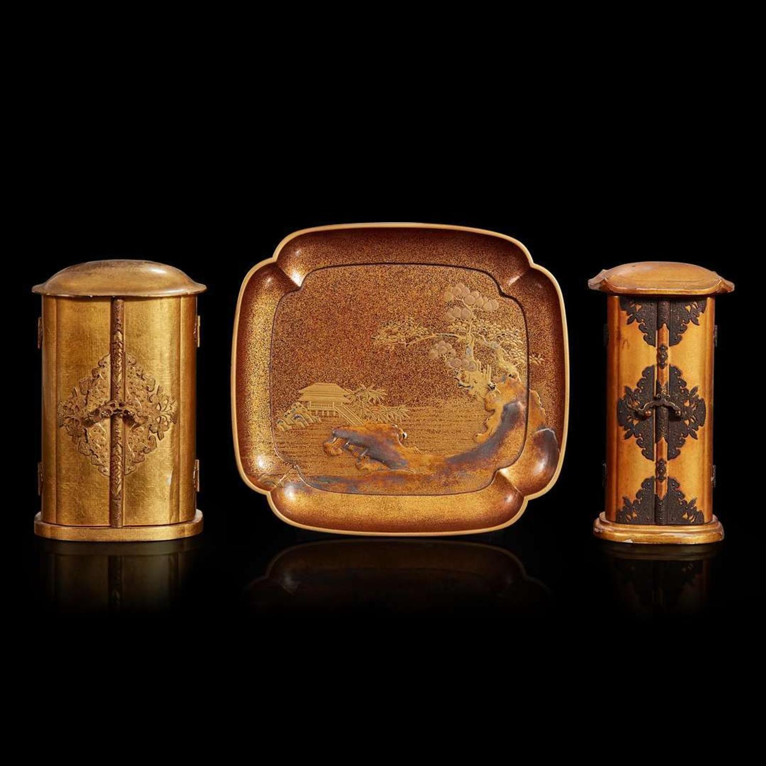 Two Japanese gilt-lacquer zushi shrines and a lacquer dish