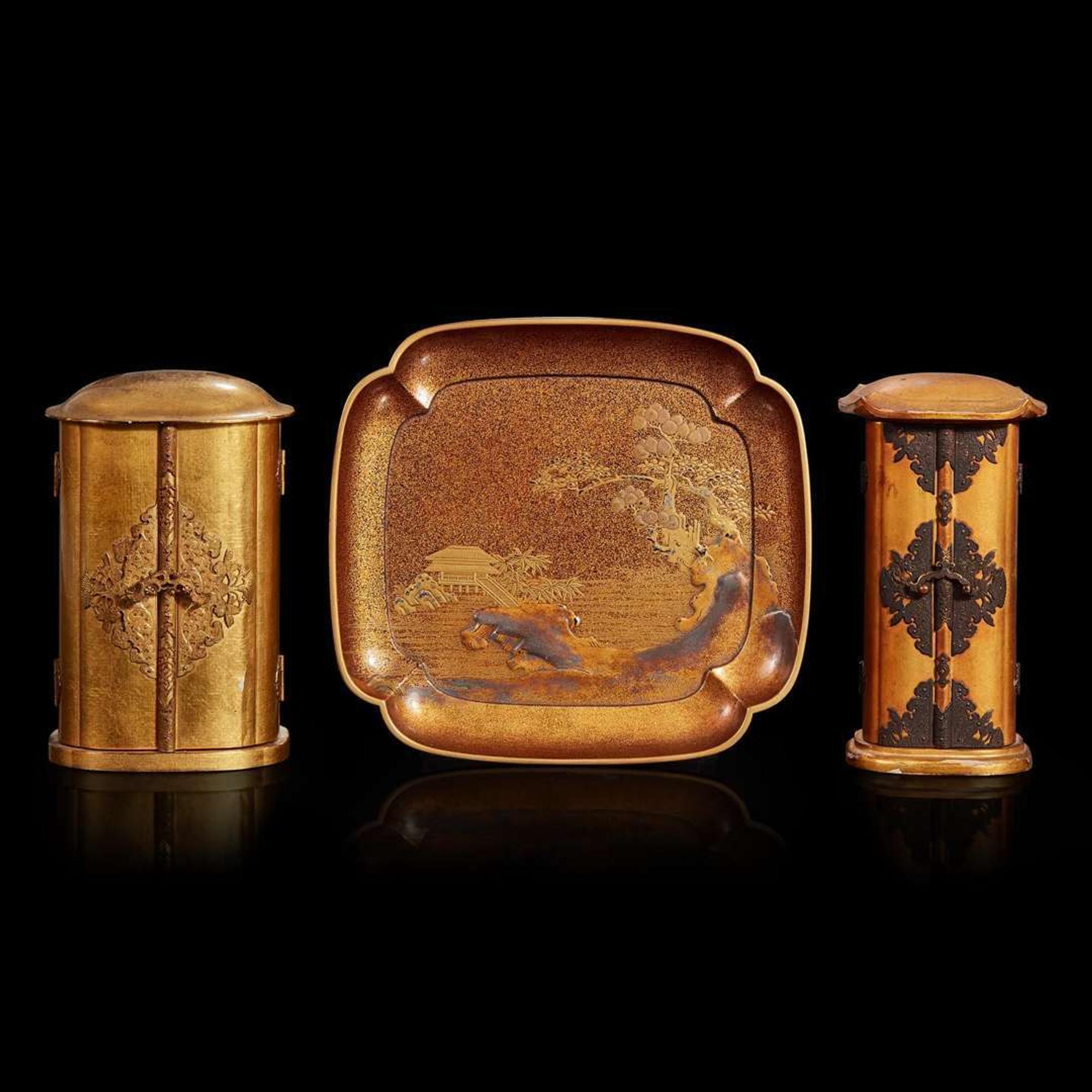 Two Japanese gilt-lacquer zushi shrines and a lacquer dish