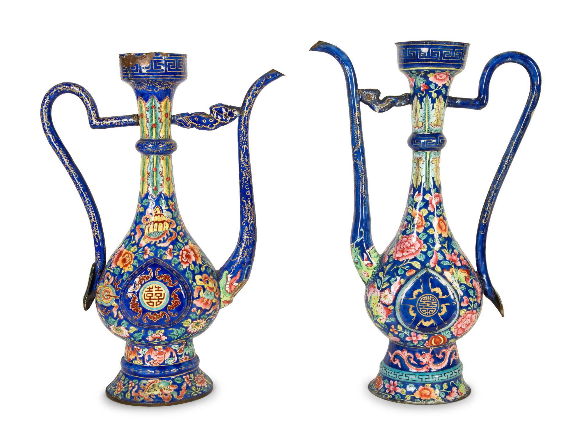 A Pair of Chinese Enamel on Copper Wine Ewers — Late 19th Century