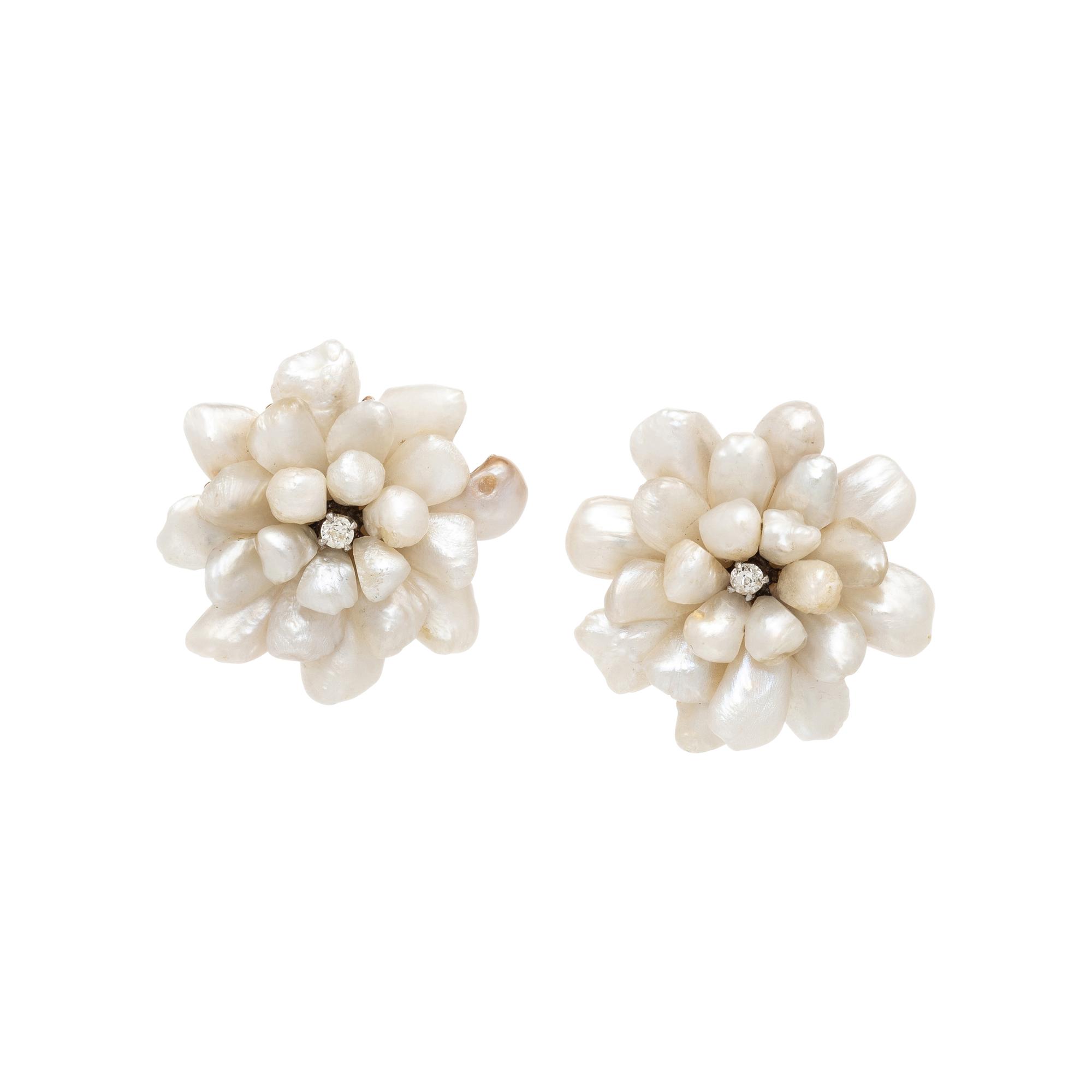 KESHI PEARL AND DIAMOND FLOWER EARRINGS
