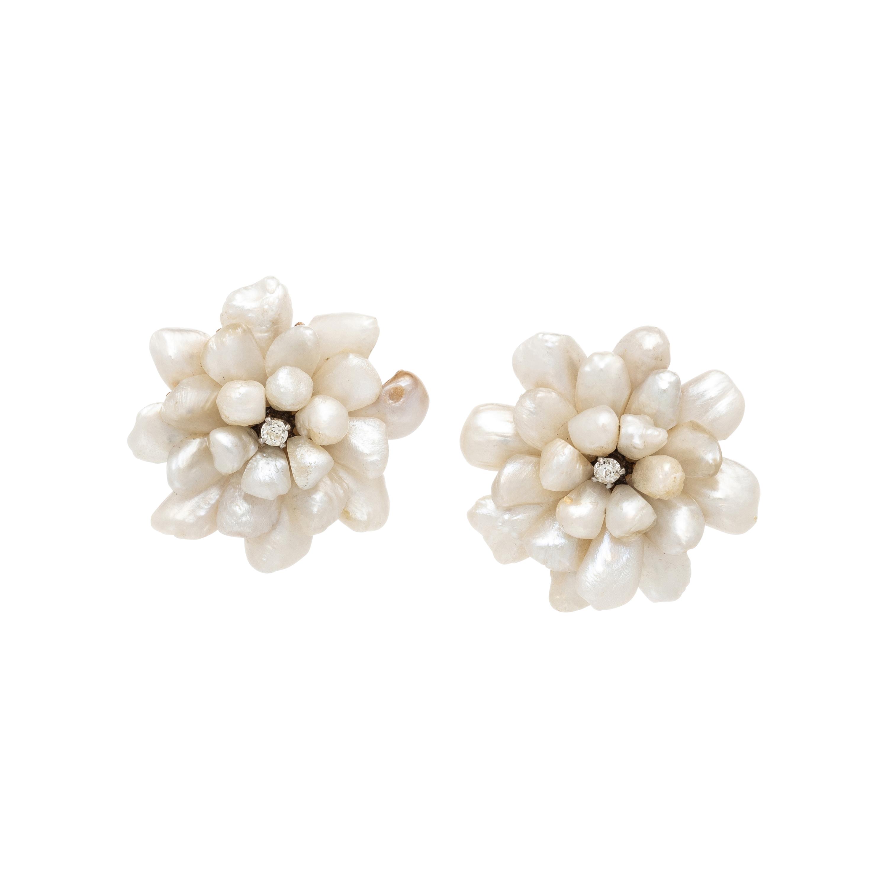 KESHI PEARL AND DIAMOND FLOWER EARRINGS
