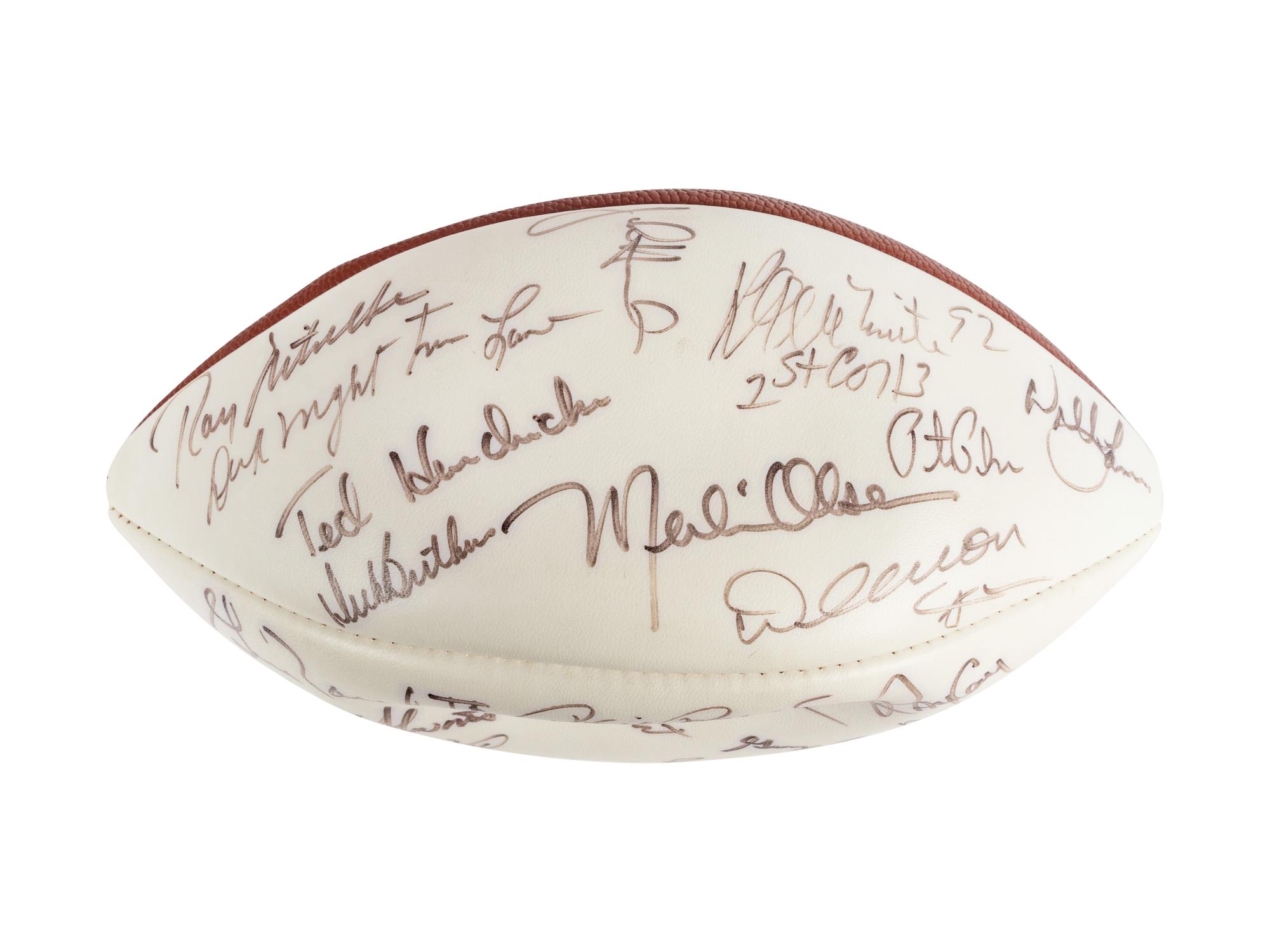Mike Ditka’s Personally Owned NFL 75th Anniversary All Time Team Football Signed by Various Players Formerly Displayed at Mike Ditka's Restaurant