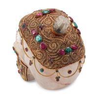 An Emerald, Ruby and Silver Filigree Mounted Rock Crystal Skull