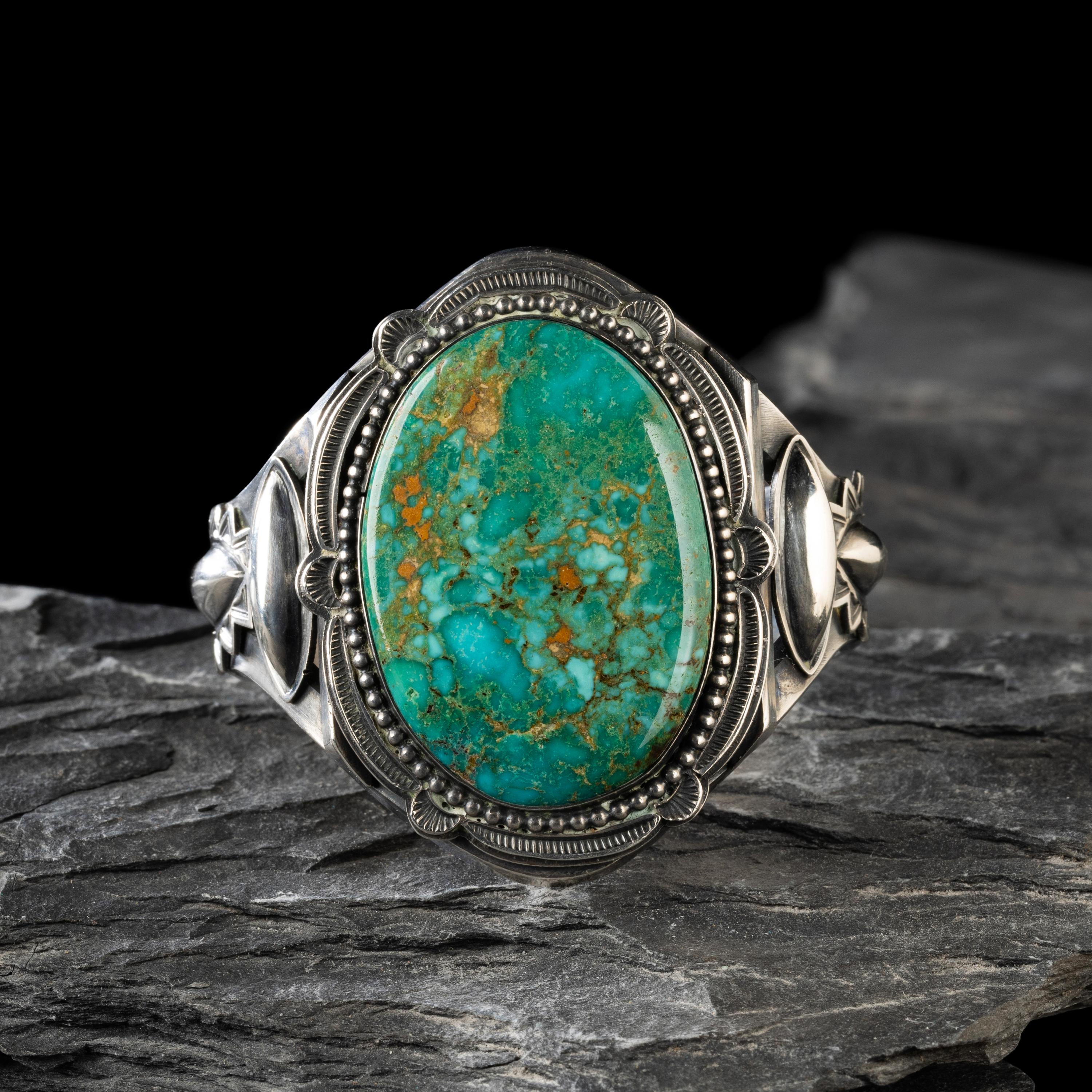 Harry Morgan (Diné, 1946-2007) — Sterling Silver and Blue Gem Turquoise Cuff Bracelet