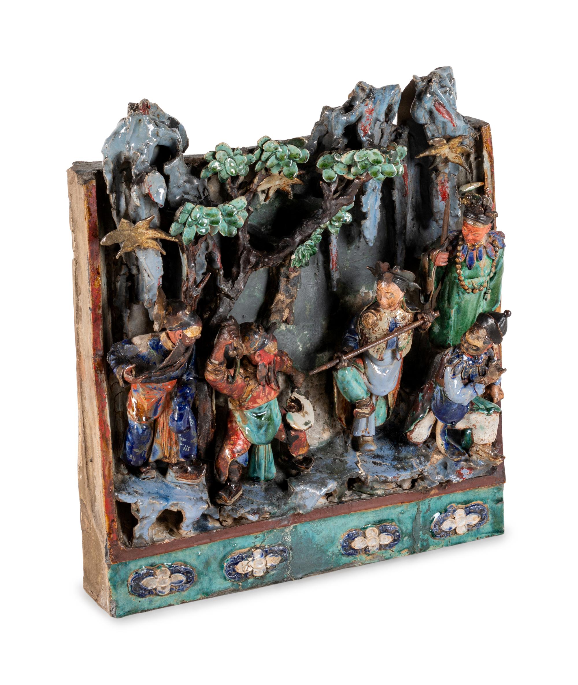 A Large Polychrome Enameled Tileworks Architectural Plaque