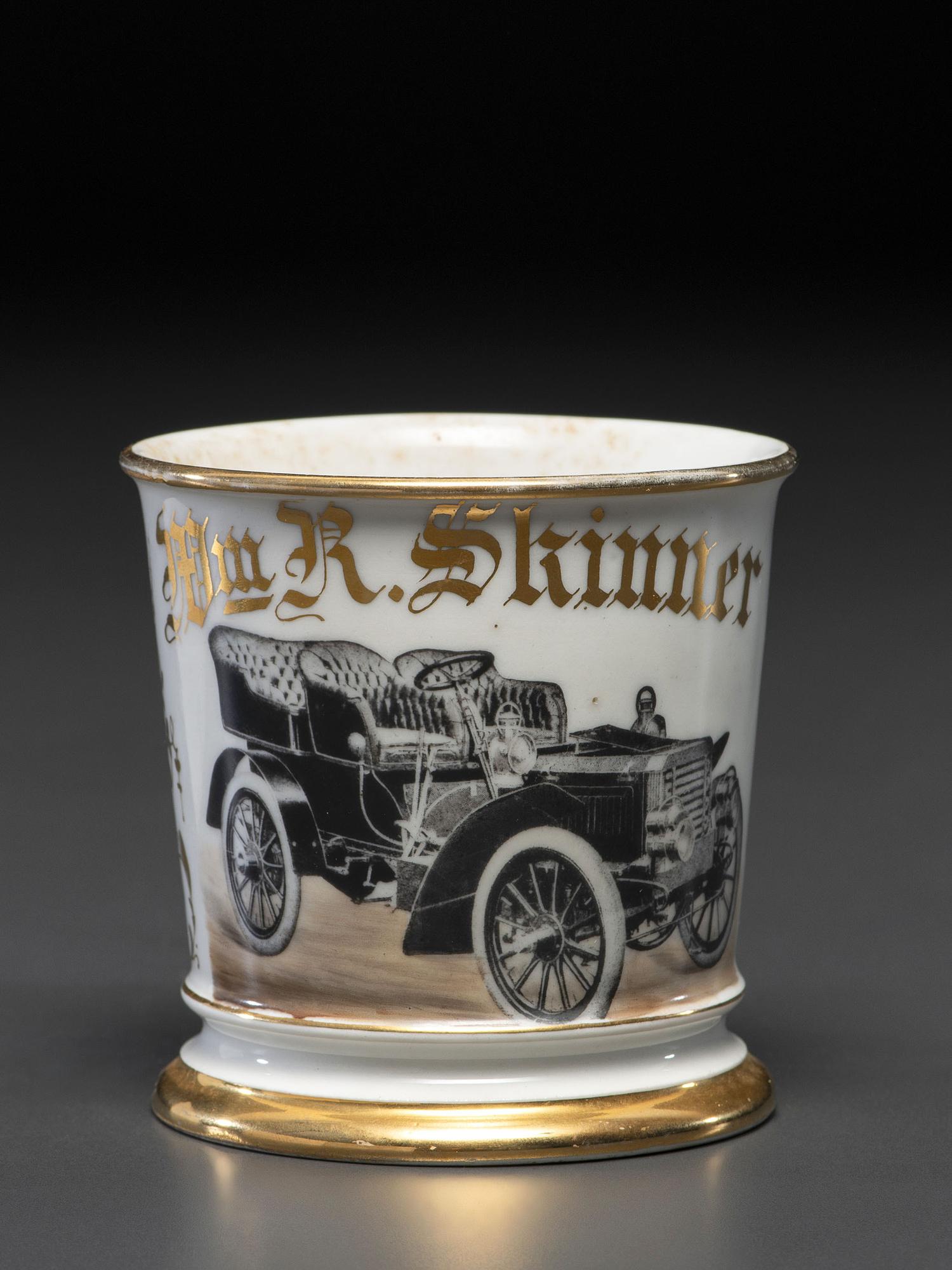 A Photographic Transfer Porcelain Shaving Mug Featuring a Peerless Touring Automobile