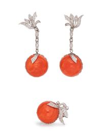 A White Gold, Coral and Diamond Demi-Parure,