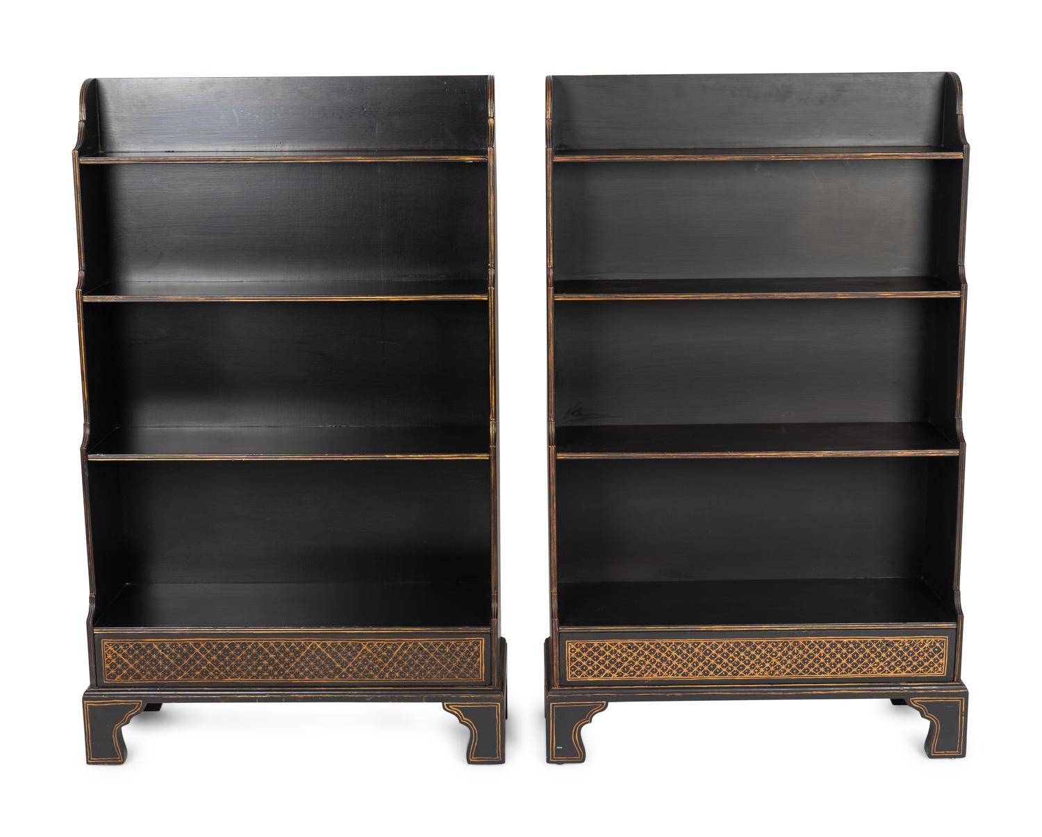 A Pair of Regency Style Ebonized and Gilt Waterfall Book Shelves — 19TH/20TH CENTURY