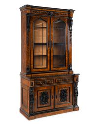 A Pair of German Burl Walnut and Part Ebonized Library Cabinets