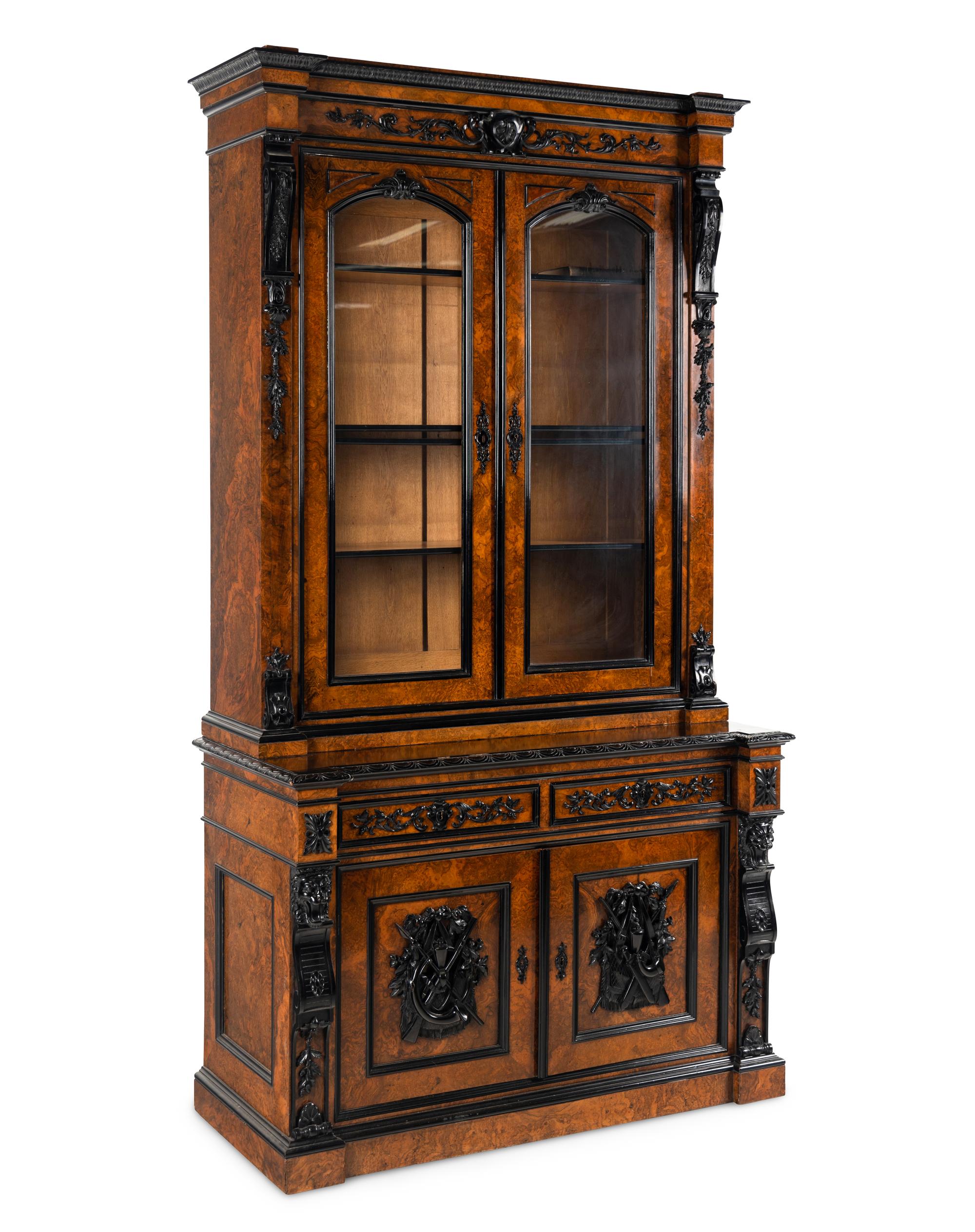 A Pair of German Burl Walnut and Part Ebonized Library Cabinets