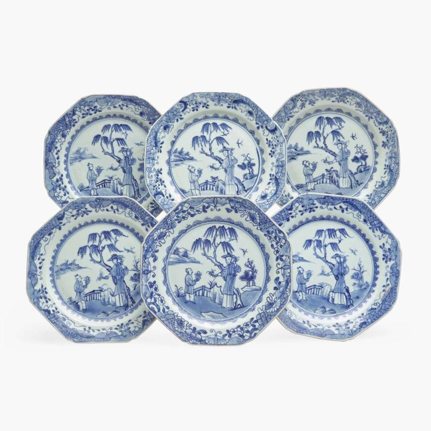 A set of six Chinese Export porcelain blue and white "figural" plates late 18th century