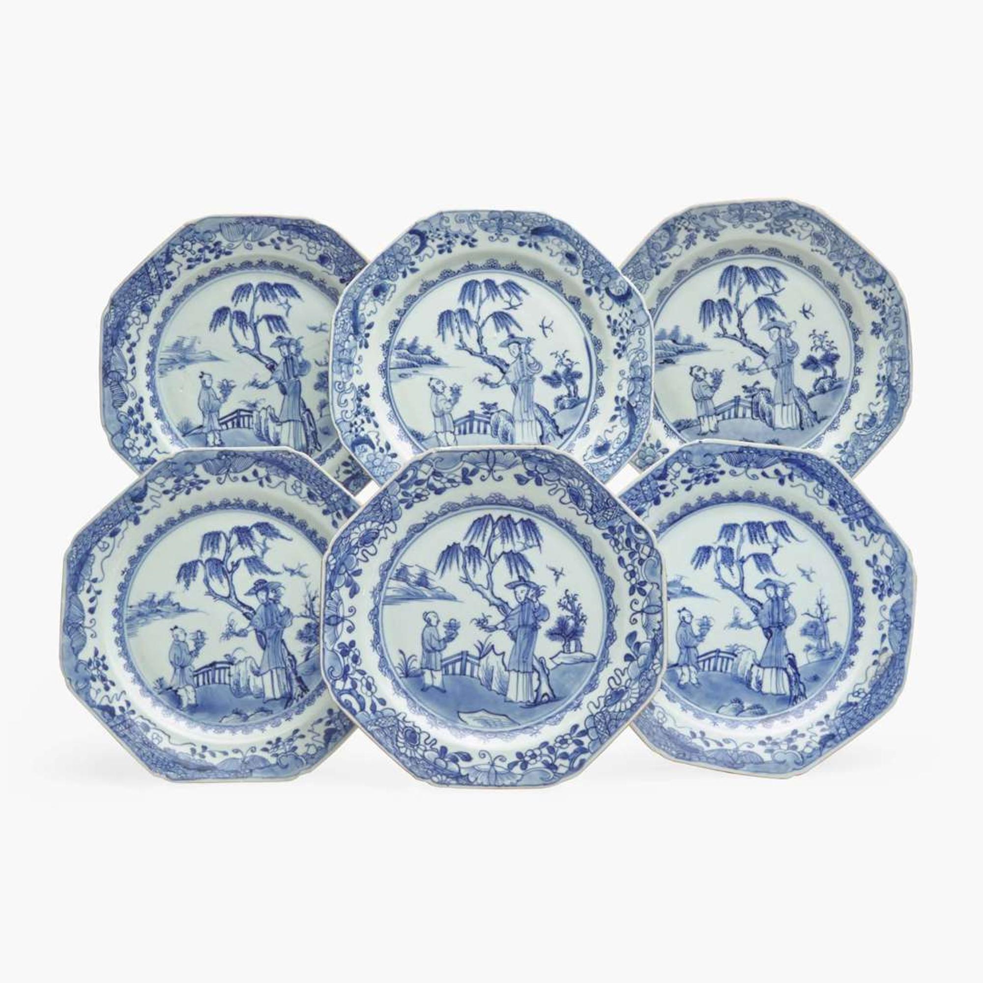 A set of six Chinese Export porcelain blue and white "figural" plates late 18th century