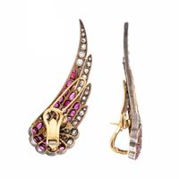 Burmese Ruby, Diamond, and Silver-Topped Gold Wing Earrings