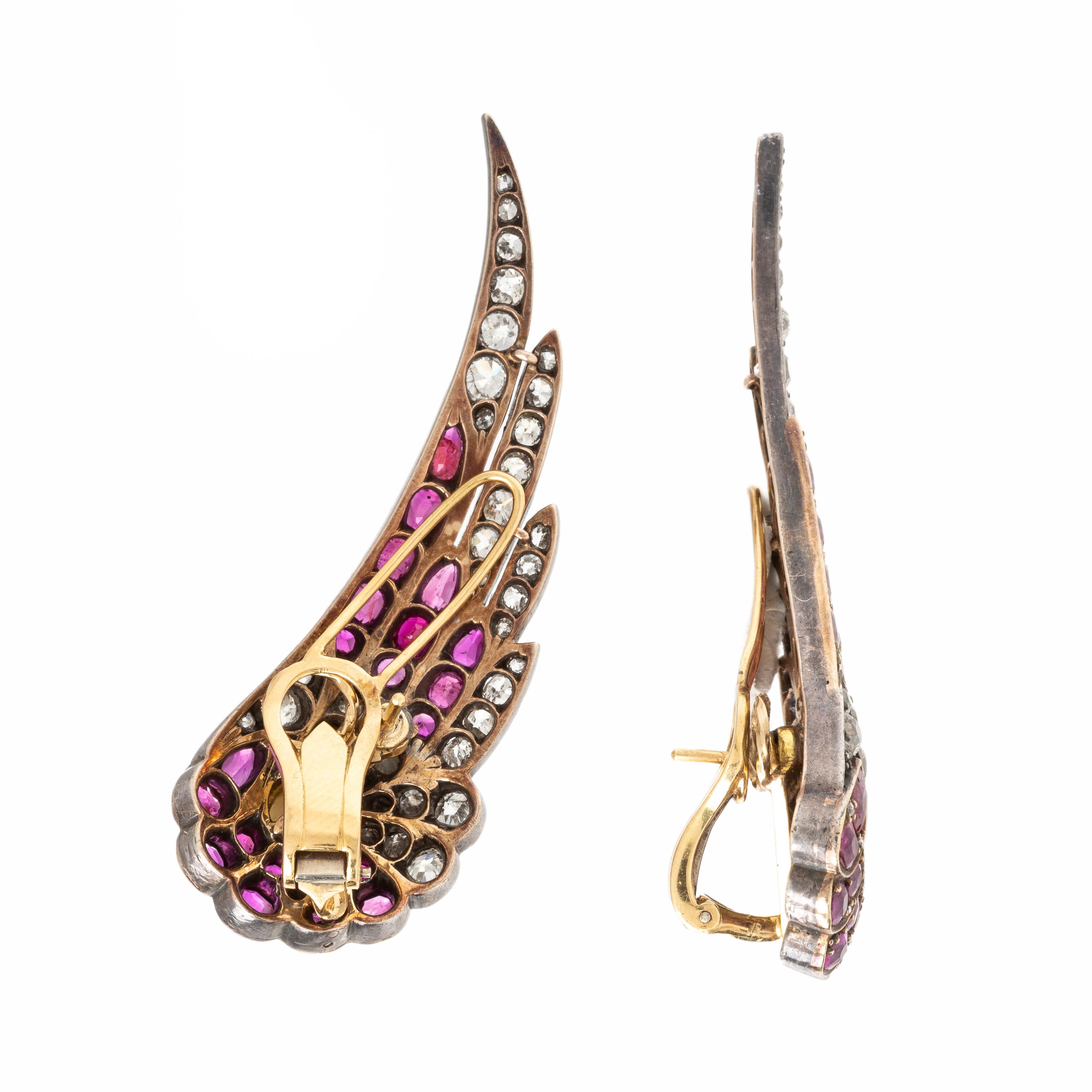 Burmese Ruby, Diamond, and Silver-Topped Gold Wing Earrings