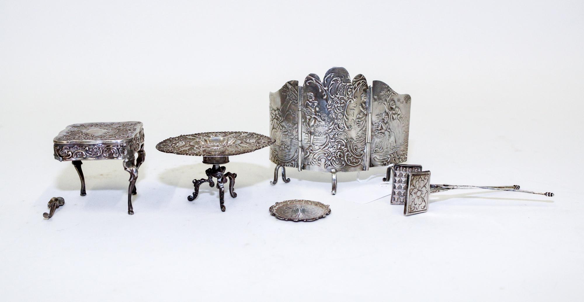A Collection of Continental Silver Miniature Furniture, various makers, comprising a German 3-panel floor screen with obscured Hanau ma