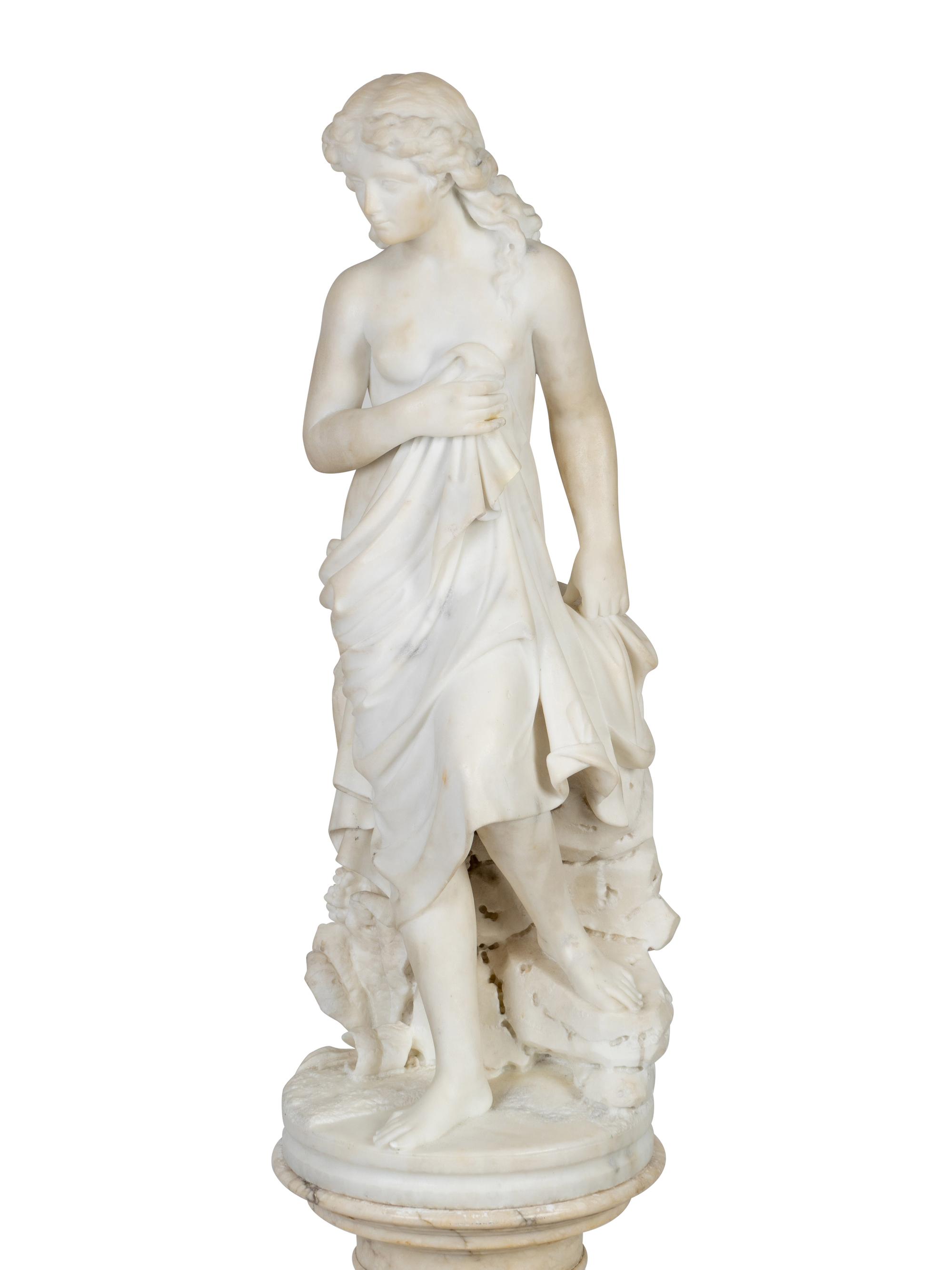 A Continental Marble Figure of a Female Bather on Pedestal — 19TH CENTURY