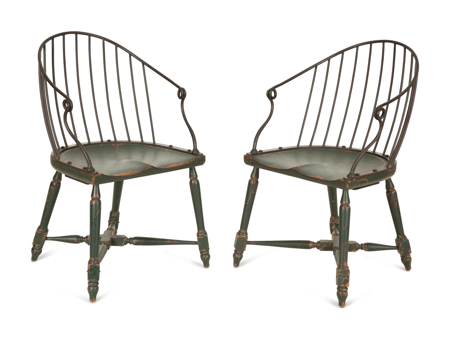 A Pair of Modern Steel and Painted Wood Windsor Style Armchairs — 20th Century