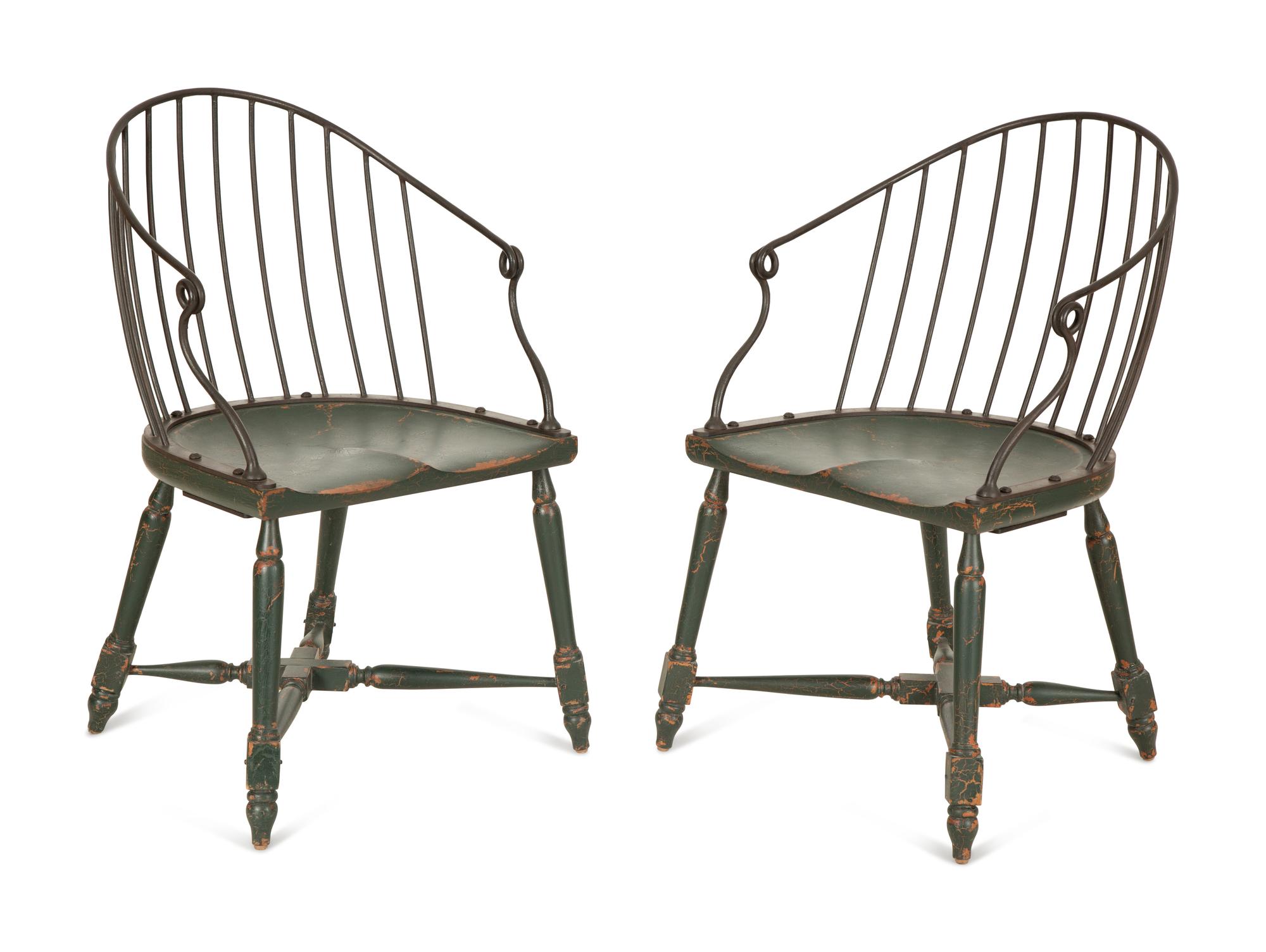 A Pair of Modern Steel and Painted Wood Windsor Style Armchairs — 20th Century