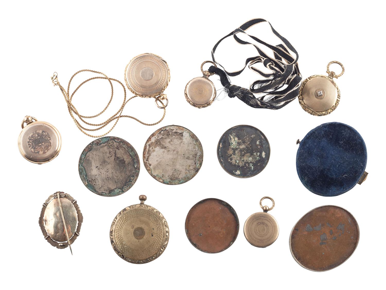 [EARLY PHOTOGRAPHY]. 7 daguerreian jewelry pieces with images, with 6 additional daguerreotypes.