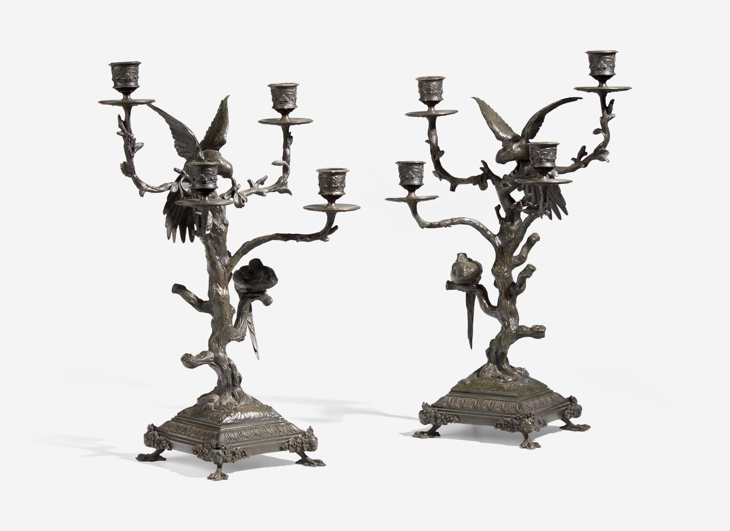 A Pair of Patinated Bronze Animalier Four-Light Candelabra