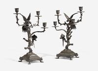 A Pair of Patinated Bronze Animalier Four-Light Candelabra