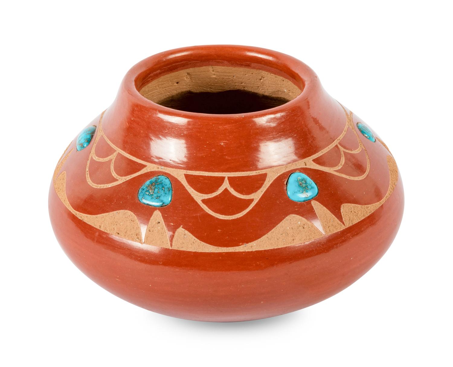 Redware Pottery Jar with Turquoise Cabochons