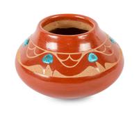 Redware Pottery Jar with Turquoise Cabochons