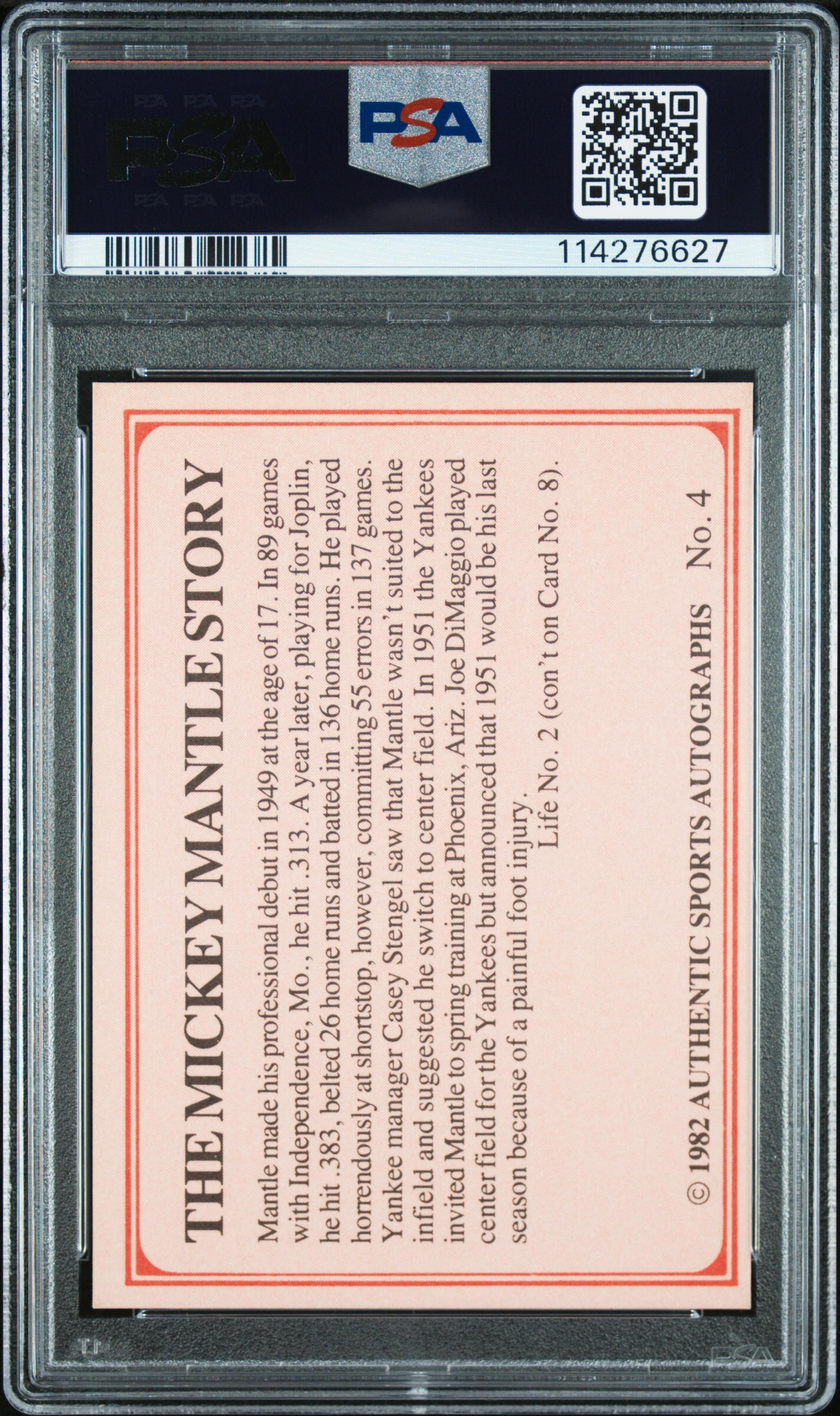 A 1982 ASA Mantle Story Mickey Mantle Signed Autograph Baseball Card No. 4 (PSA 10 AUTO)