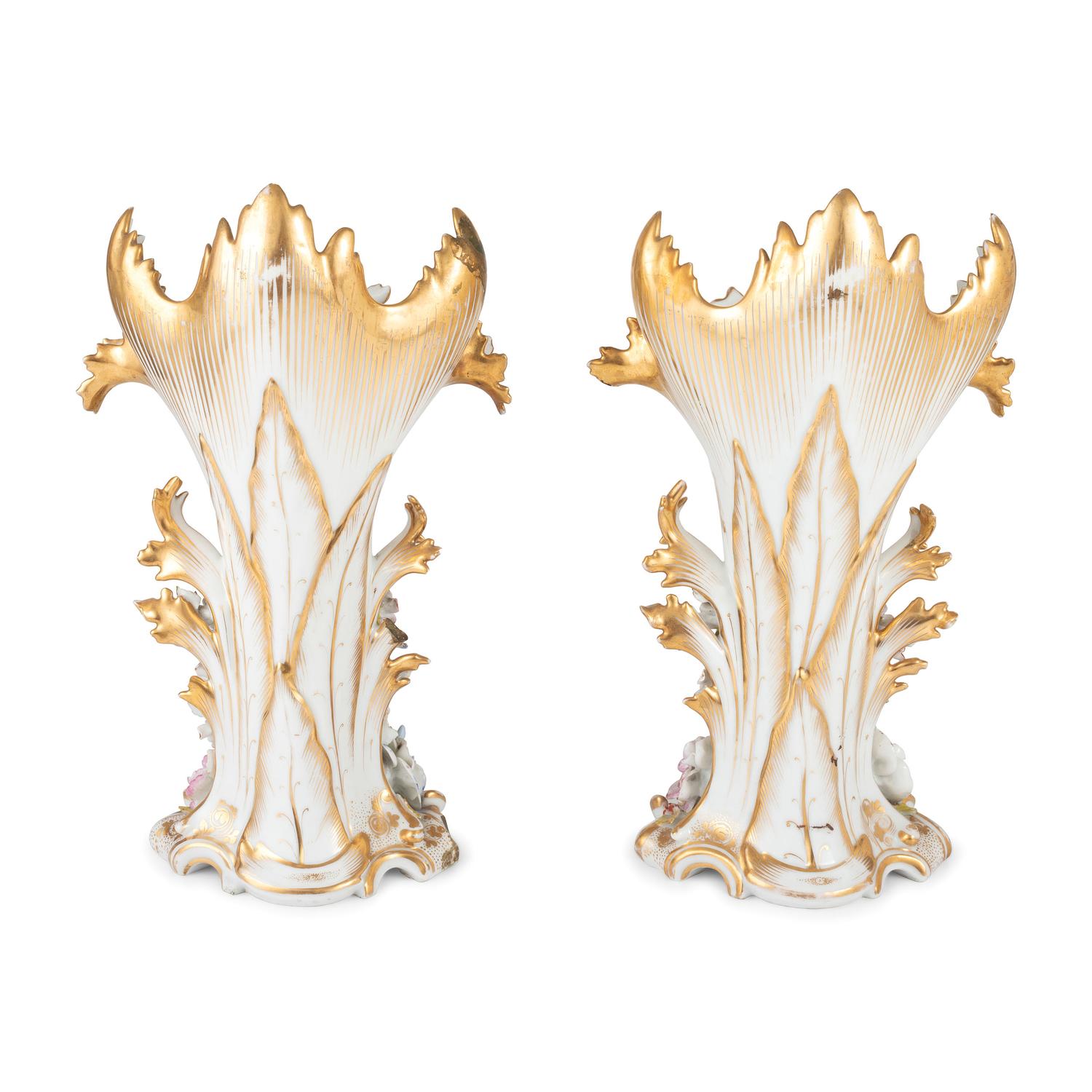 A Pair of Paris Porcelain Gilt and Encrusted Spill-Vases